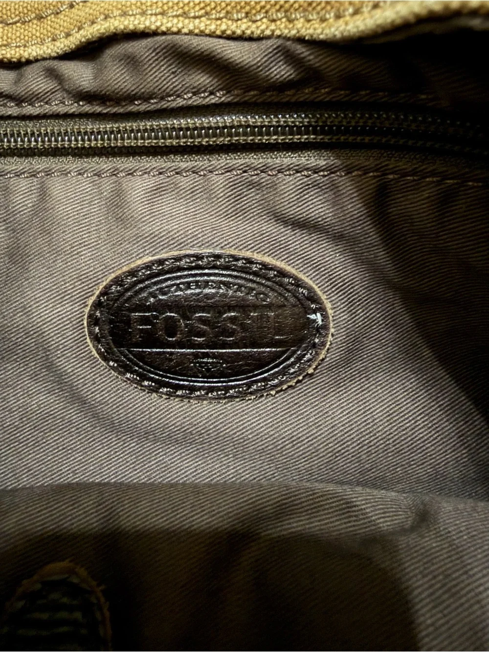 Fossil Men's Tan Canvas Messenger Bag with Dark Brown Accents